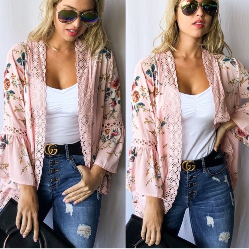 Bell Sleeve Lace Kimono Cardigan - Pink